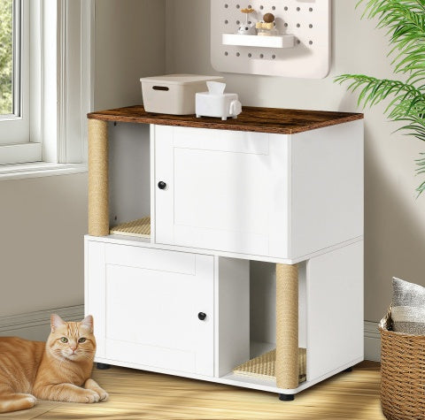 Twin Cat Litter Box Cabinet, Vintage White