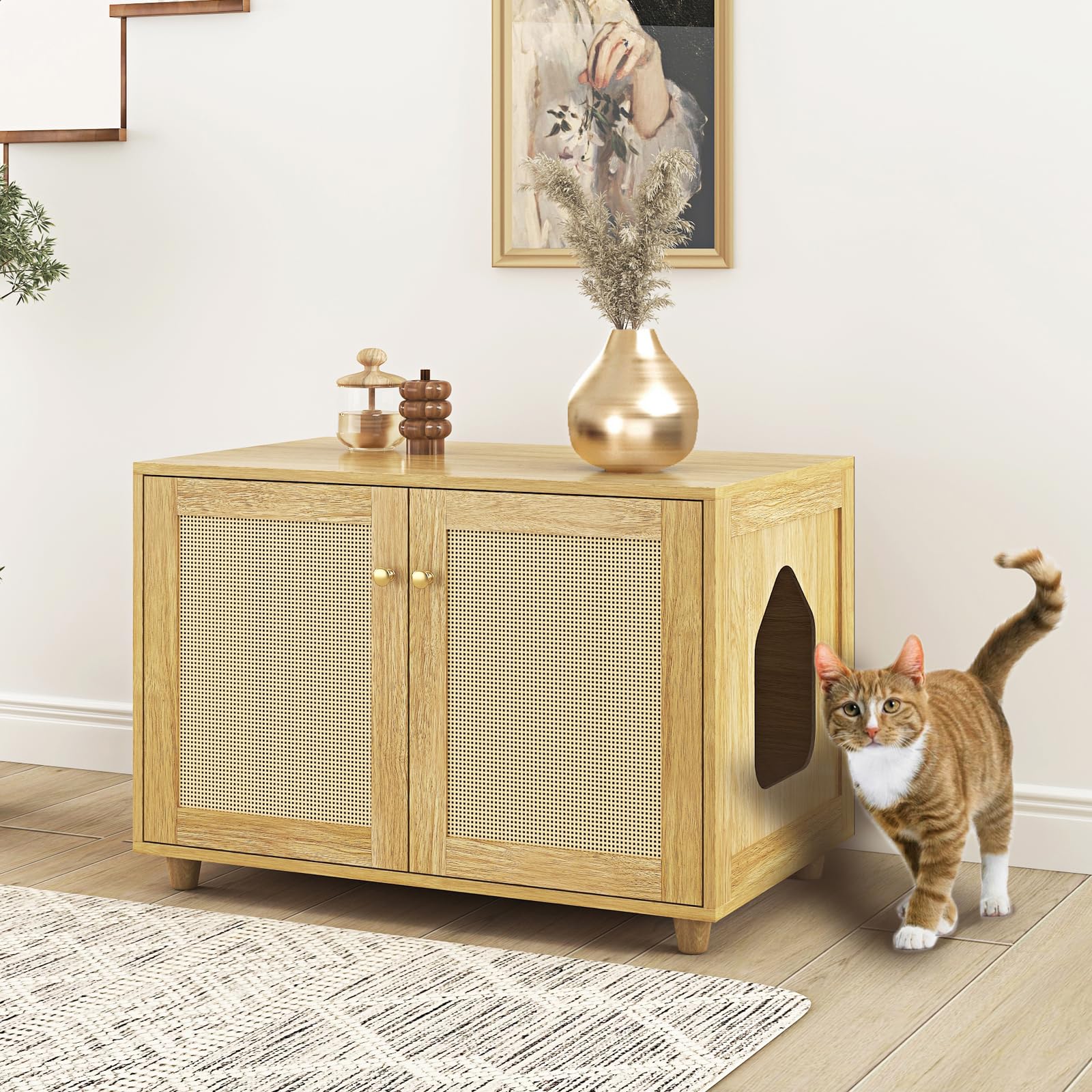 COSLIANA Cat Litter Box Enclosure Rattan Litter Box Hidden Furniture Indoor Cat House Wooden Cat Washroom Furniture Oak