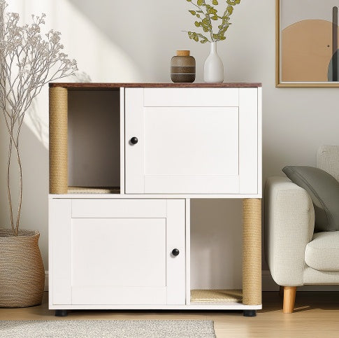 Twin Cat Litter Box Cabinet, Vintage White