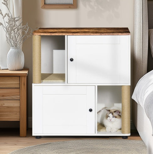 Twin Cat Litter Box Cabinet, Vintage White