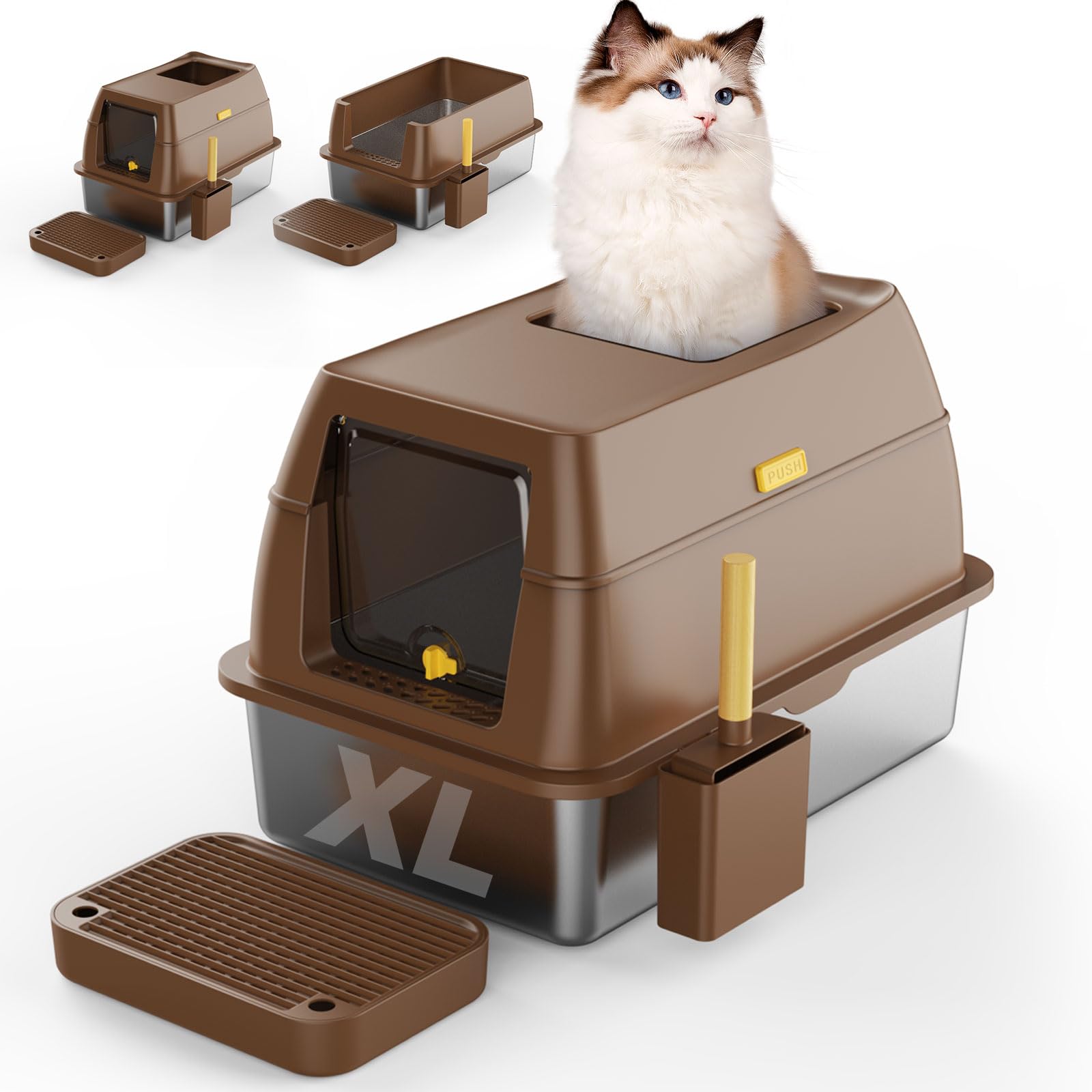 XL Stainless Steel Enclosed Cat Litter Box with Scoop & Step