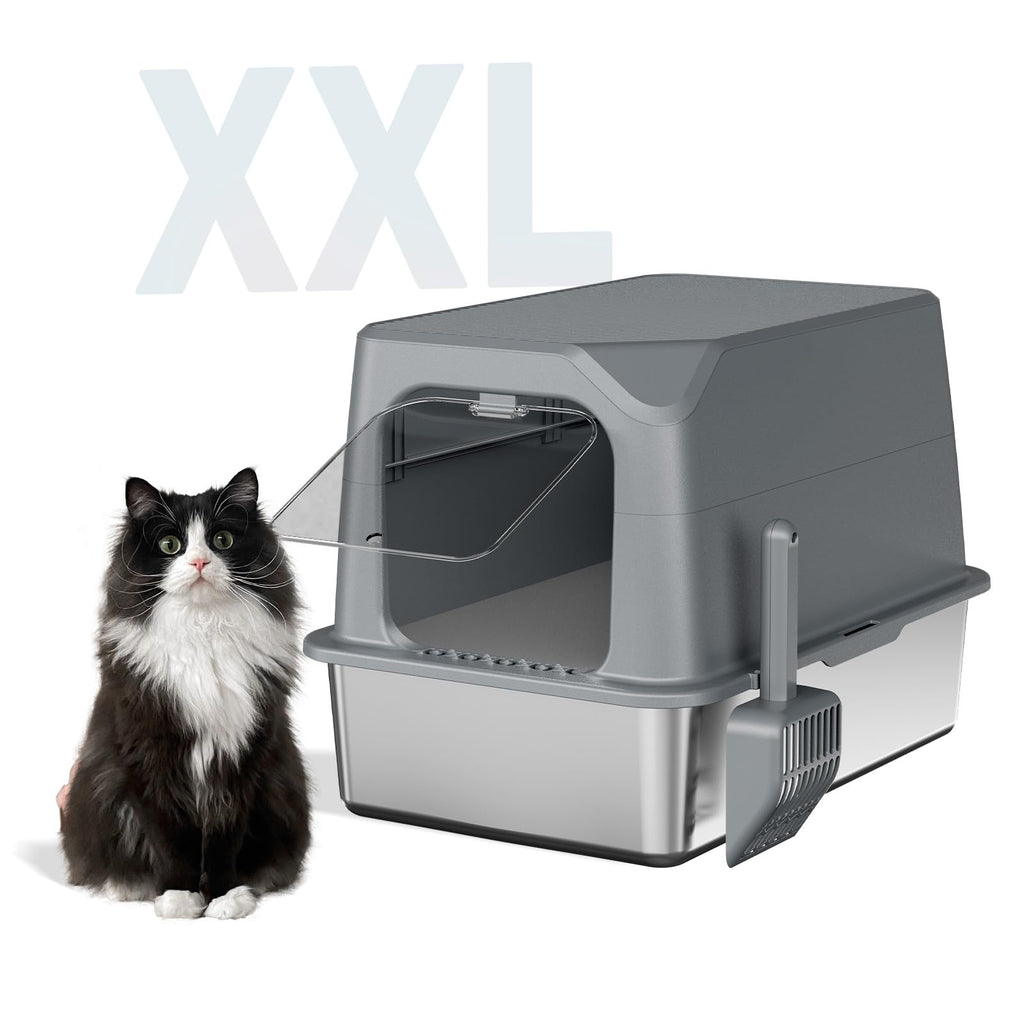 XXL Stainless Steel Enclosed Cat Litter Box with Lid & Scoop